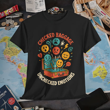Checked Baggage Unchecked Emotions T-Shirt – Vintage Emoticons Luggage Travel Tee for Emotional Travelers Air Travel T-Shirts | Jetsetter, Airport, and International Flight Tees