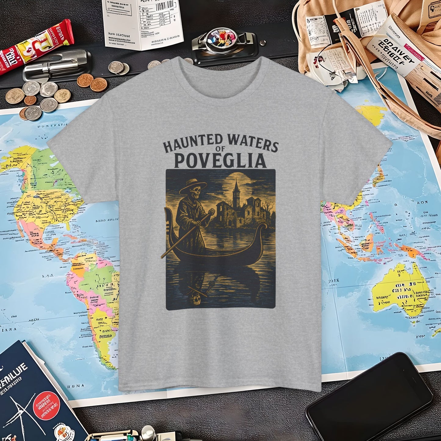 Skeletal Gondolier of Haunted Poveglia – Dark Venetian Ghost Travel Tee| Layover Club Air Travel T-Shirts | Jetsetter, Airport, and International Flight Tees