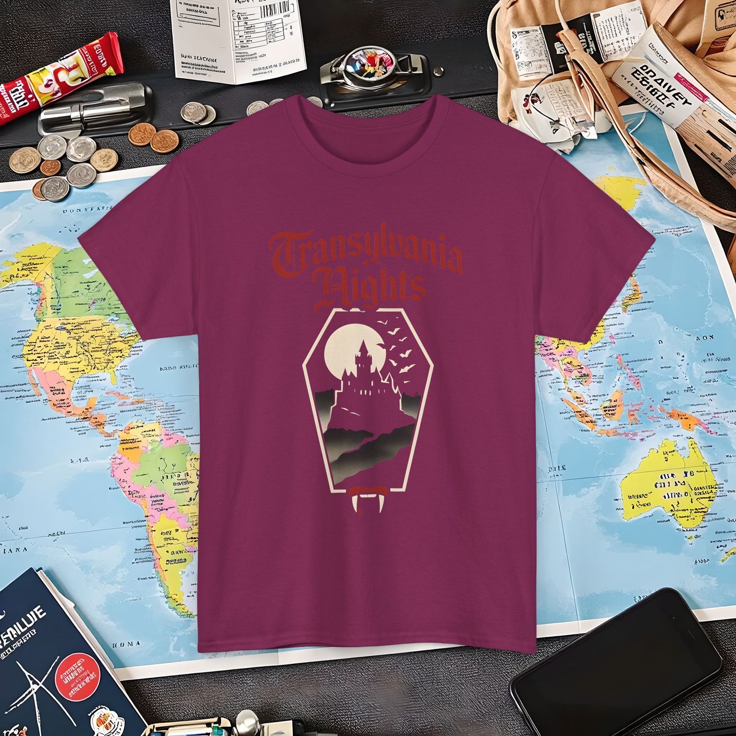 Transylvania Nights Gothic Castle Silhouette Tee – Dark Travel Romania Shirt | Layover Club Air Travel T-Shirts | Jetsetter, Airport, and International Flight Tees