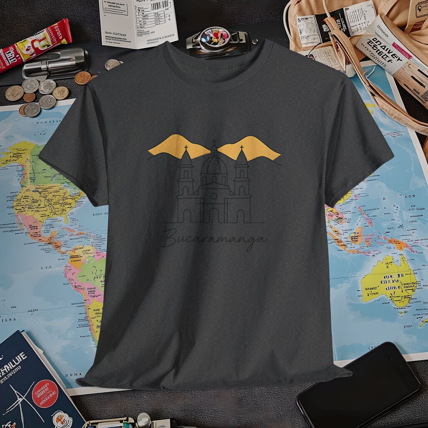 Bucaramanga Cathedral with Andes Silhouette – Vintage Colombia Travel Tee | Layover Club Air Travel T-Shirts | Jetsetter, Airport, and International Flight Tees