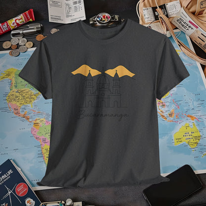 Bucaramanga Cathedral with Andes Silhouette – Vintage Colombia Travel Tee | Layover Club Air Travel T-Shirts | Jetsetter, Airport, and International Flight Tees