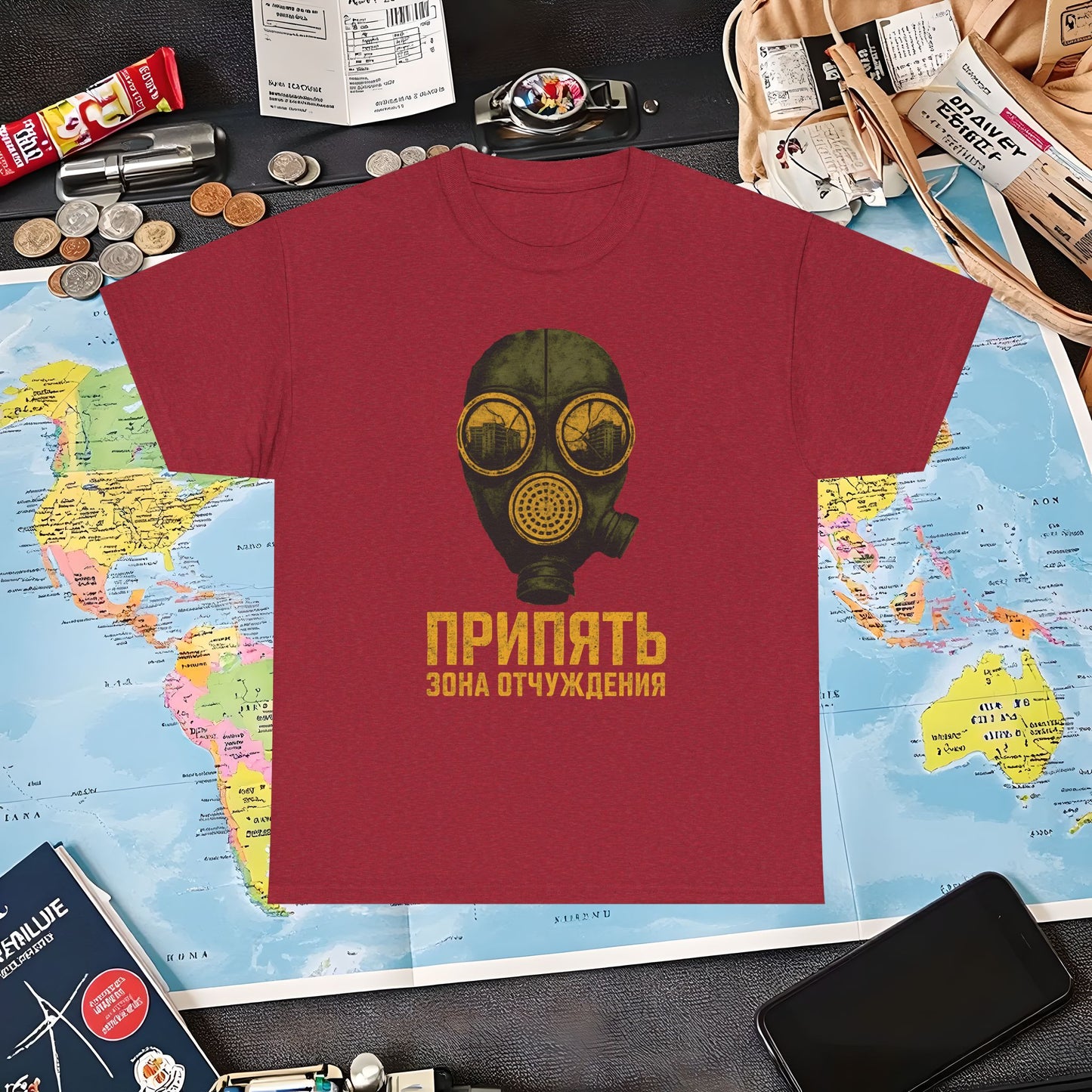 Pripyat Gas Mask with Ruined Apartment Reflection Tee – Chernobyl Dark Tourism Shirt | Layover Club Air Travel T-Shirts | Jetsetter, Airport, and International Flight Tees