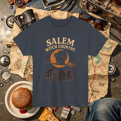 Salem Witch Country Black Cat & Moon Graphic Tee – Gothic Massachusetts Travel Shirt | Car, RV, and Motorcycle Adventure Tees