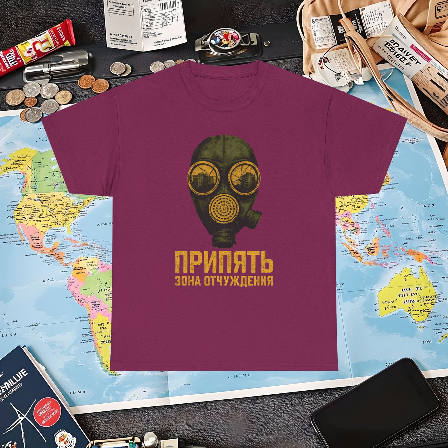 Pripyat Gas Mask with Ruined Apartment Reflection Tee – Chernobyl Dark Tourism Shirt | Layover Club Air Travel T-Shirts | Jetsetter, Airport, and International Flight Tees