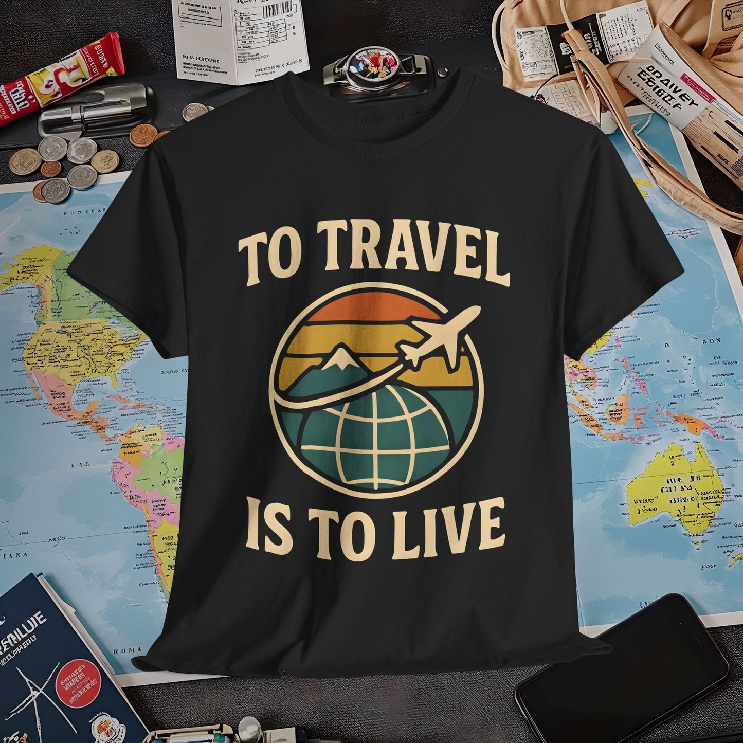 To Travel Is To Live – Vintage Globe & Airplane Travel Badge Tee (Layover Club) Air Travel T-Shirts | Jetsetter, Airport, and International Flight Tees