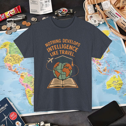 Nothing Develops Intelligence Like Travel – Globe Graduation Wisdom Tee | Layover Club Air Travel T-Shirts | Jetsetter, Airport, and International Flight Tees