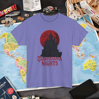 Transylvania Nights Tee – Gothic Castle Under Crimson Moon | Layover Club Air Travel T-Shirts | Jetsetter, Airport, and International Flight Tees