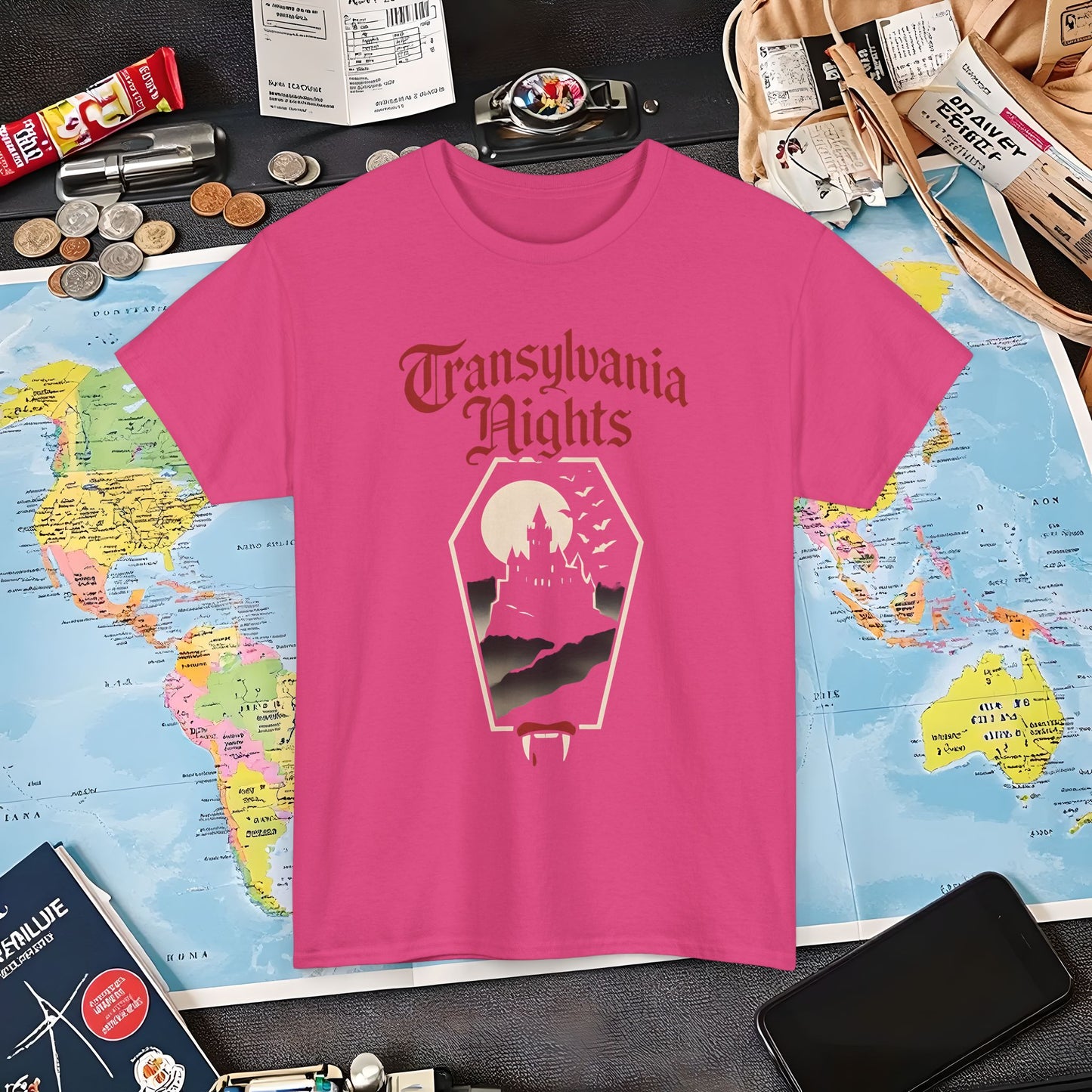 Transylvania Nights Gothic Castle Silhouette Tee – Dark Travel Romania Shirt | Layover Club Air Travel T-Shirts | Jetsetter, Airport, and International Flight Tees