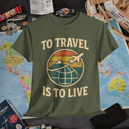 To Travel Is To Live – Vintage Globe & Airplane Travel Badge Tee (Layover Club) Air Travel T-Shirts | Jetsetter, Airport, and International Flight Tees
