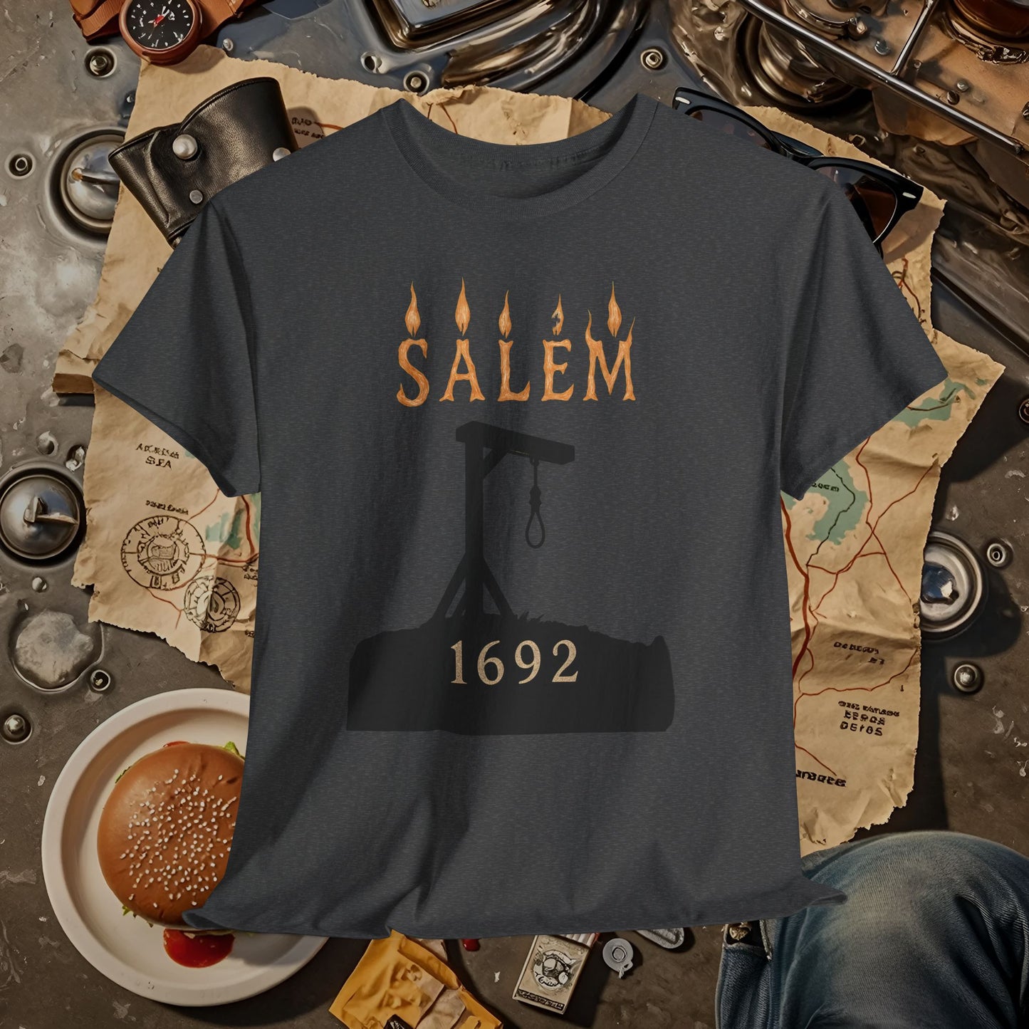 Salem 1692 Gothic Noose & Candle Flame Typography Tee – Witch Trials Dark History Shirt | Car, RV, and Motorcycle Adventure Tees