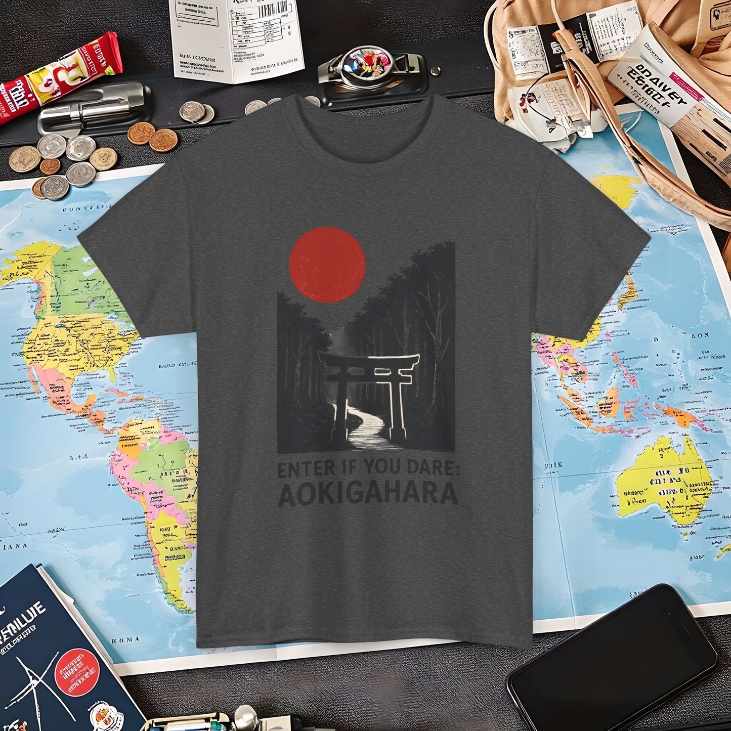 Scarlet Moon Torii – Aokigahara Forest Path Tee – Haunted Japan Travel Shirt | Layover Club Air Travel T-Shirts | Jetsetter, Airport, and International Flight Tees