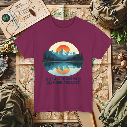 Not All Who Wander Are Lost T-Shirt – Sunset Over Mountain Lake and Forest Reflection Camping, Hiking, Rafting & Kayaking Tees for Nature Lovers