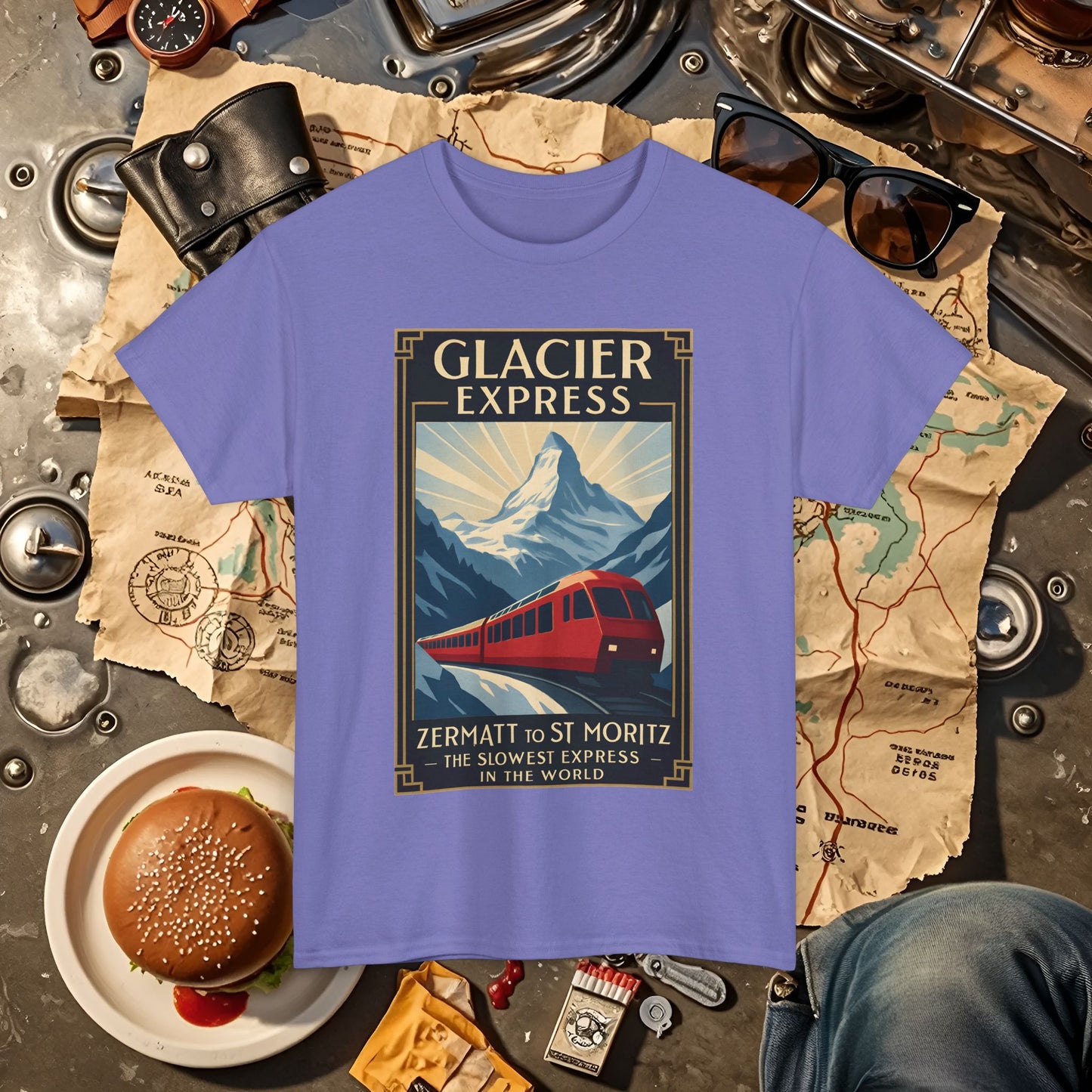 Glacier Express – Art Deco Alpine Train Adventure Tee Road Trip & Vehicle Travel T-Shirts | Car, RV, and Motorcycle Adventure Tees