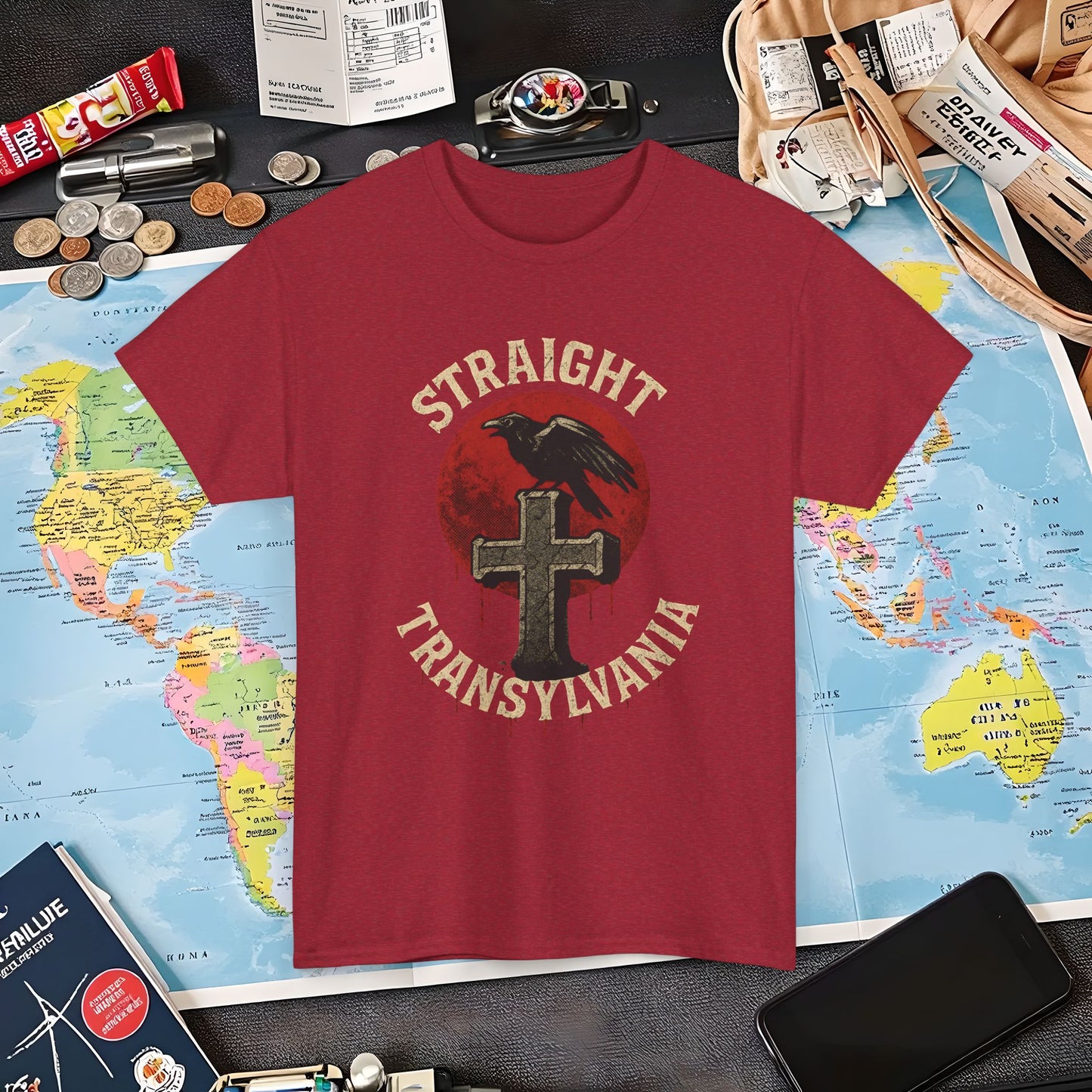 Blood Moon Raven Gothic Cross Tee – Dark Transylvania Travel Shirt | Layover Club Air Travel T-Shirts | Jetsetter, Airport, and International Flight Tees