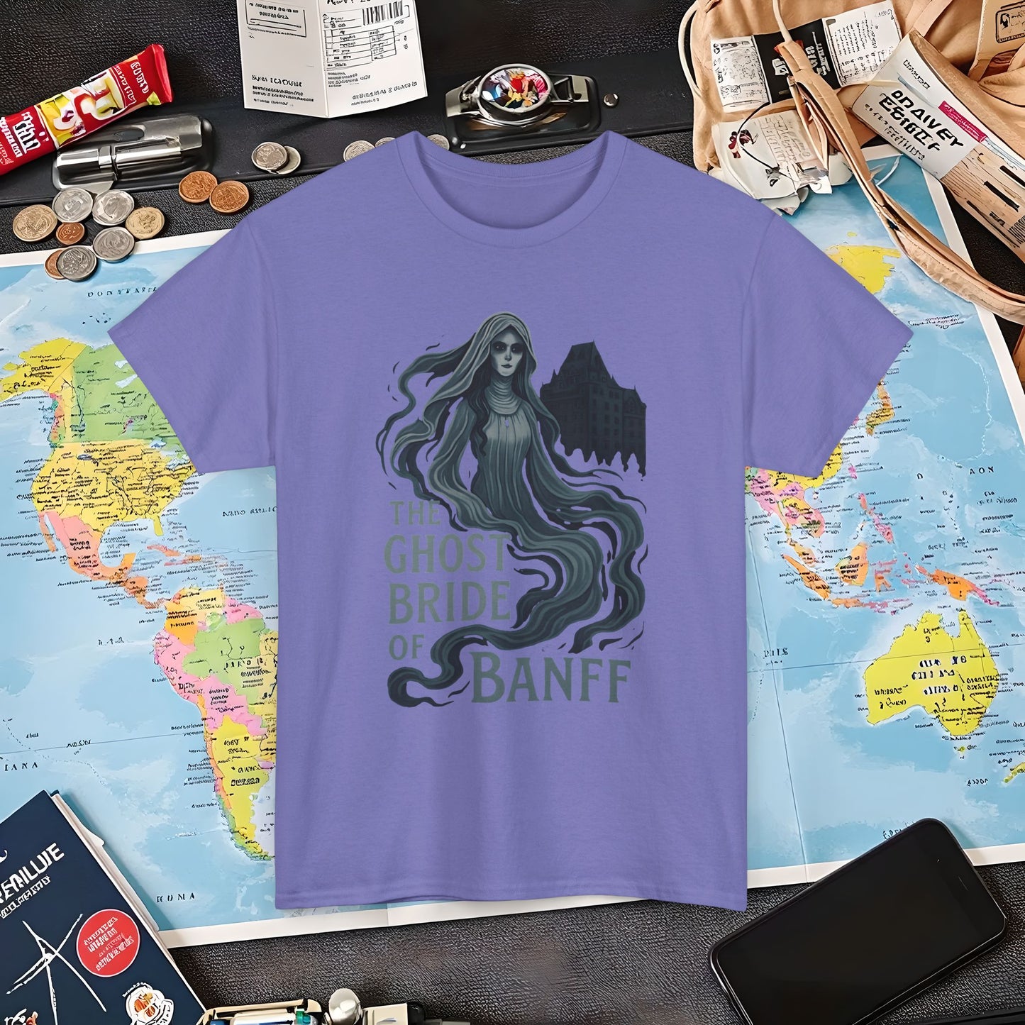 Ghostly Bride at Banff Springs Hotel Shirt – Haunted Canadian Hotel Dark Tourism Tee | Layover Club Air Travel T-Shirts | Jetsetter, Airport, and International Flight Tees