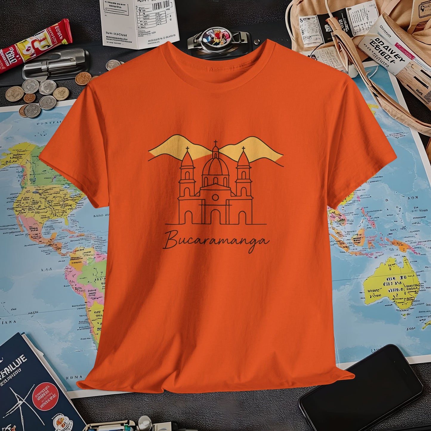 Bucaramanga Cathedral with Andes Silhouette – Vintage Colombia Travel Tee | Layover Club Air Travel T-Shirts | Jetsetter, Airport, and International Flight Tees