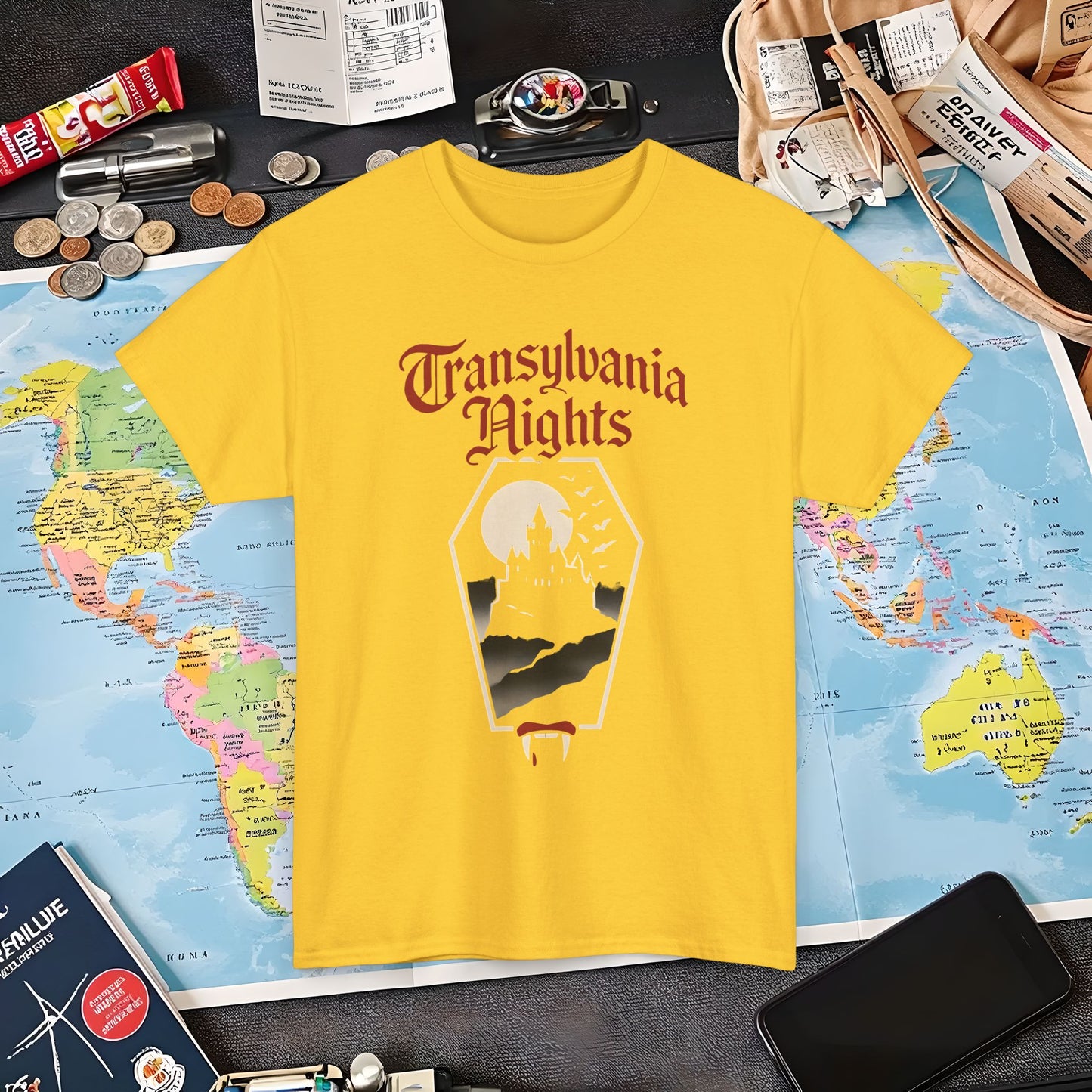 Transylvania Nights Gothic Castle Silhouette Tee – Dark Travel Romania Shirt | Layover Club Air Travel T-Shirts | Jetsetter, Airport, and International Flight Tees