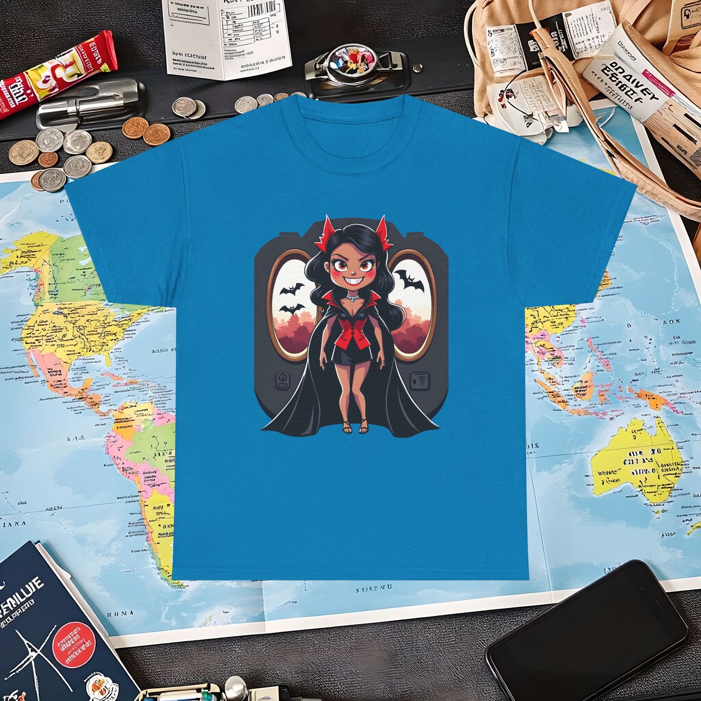 Vampire Flight Attendant T-Shirt – Gothic Girl with Bats Flying Outside the Plane Air Travel T-Shirts | Jetsetter, Airport, and International Flight Tees