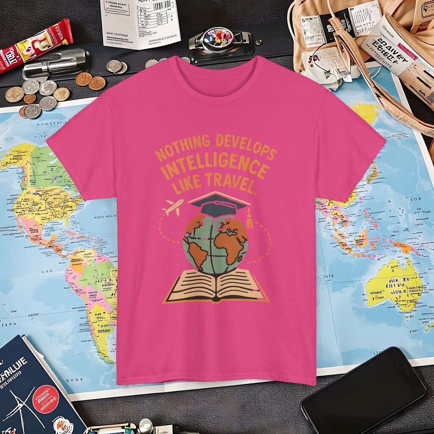 Nothing Develops Intelligence Like Travel – Globe Graduation Wisdom Tee | Layover Club Air Travel T-Shirts | Jetsetter, Airport, and International Flight Tees