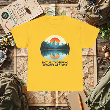 Not All Who Wander Are Lost T-Shirt – Sunset Over Mountain Lake and Forest Reflection Camping, Hiking, Rafting & Kayaking Tees for Nature Lovers