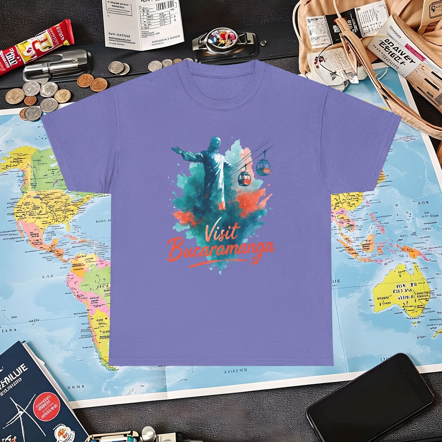 Cerro del Santísimo & Cable Car – Vibrant Watercolor Colombia Travel Tee | Layover Club Air Travel T-Shirts | Jetsetter, Airport, and International Flight Tees