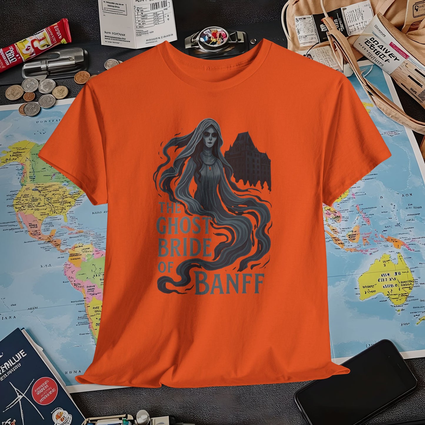 Ghostly Bride at Banff Springs Hotel Shirt – Haunted Canadian Hotel Dark Tourism Tee | Layover Club Air Travel T-Shirts | Jetsetter, Airport, and International Flight Tees