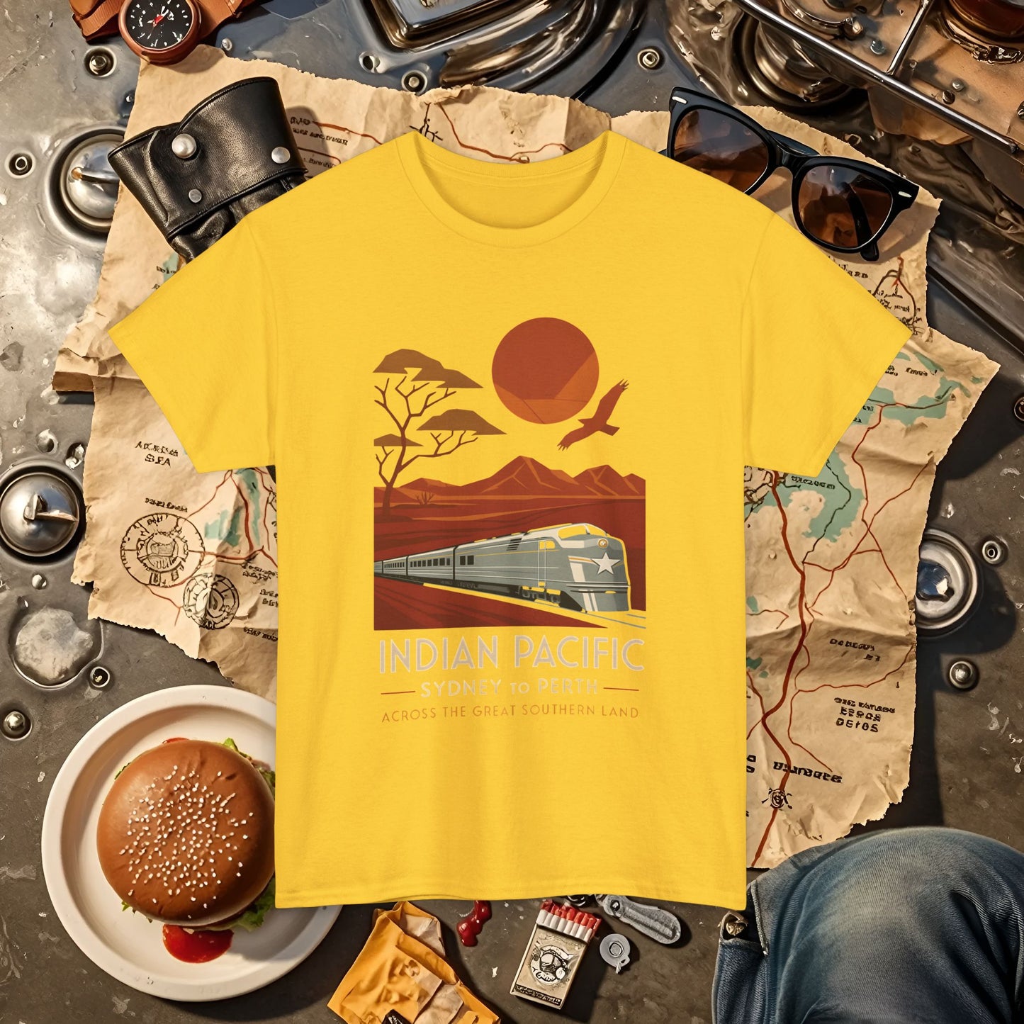 Australian Indian Pacific – Art Deco Desert Crossing Train Tee Road Trip & Vehicle Travel T-Shirts | Car, RV, and Motorcycle Adventure Tees