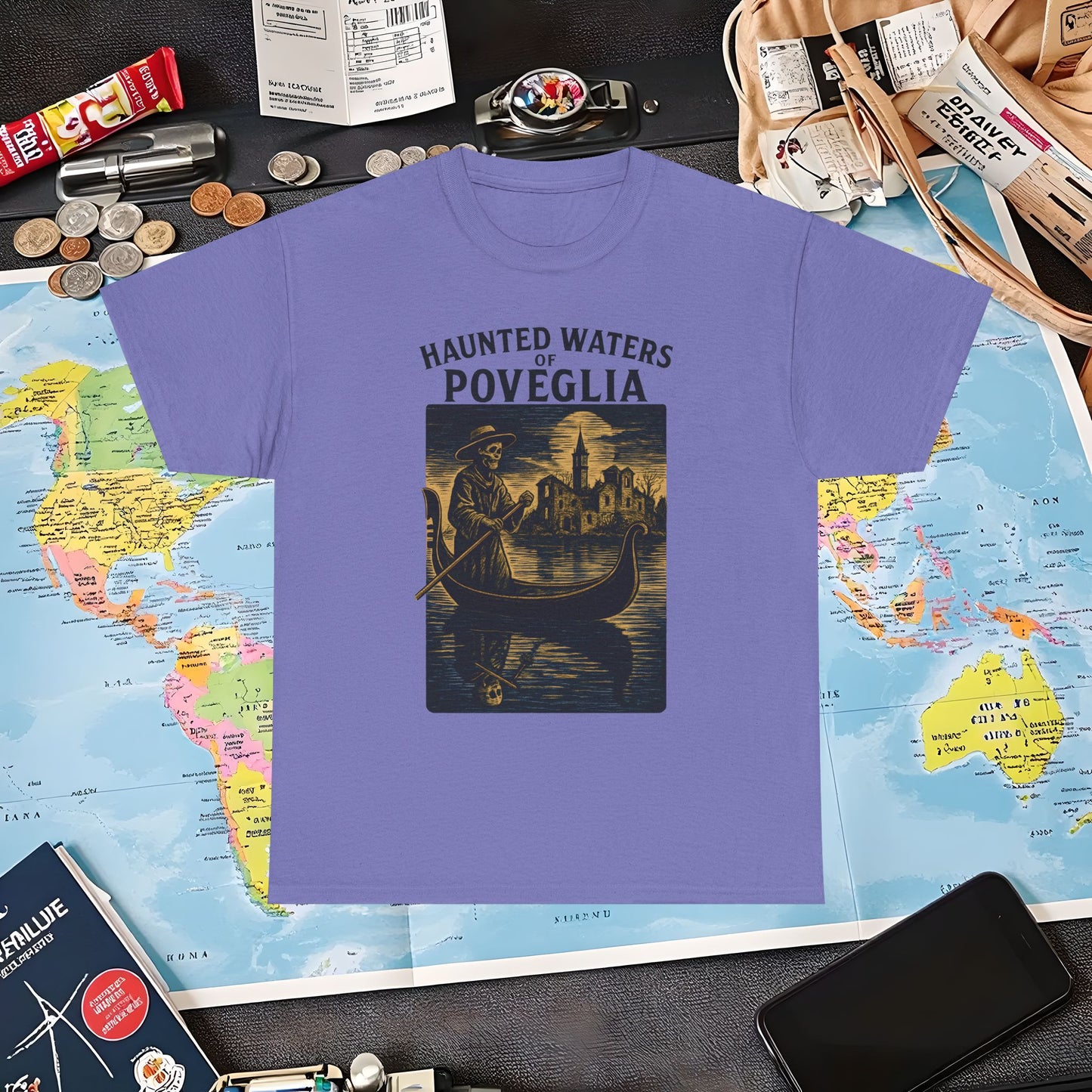 Skeletal Gondolier of Haunted Poveglia – Dark Venetian Ghost Travel Tee| Layover Club Air Travel T-Shirts | Jetsetter, Airport, and International Flight Tees
