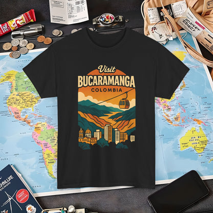 Retro Bucaramanga Skyline with Chicamocha Canyon – Vintage Colombia Travel Tee | Layover Club Air Travel T-Shirts | Jetsetter, Airport, and International Flight Tees