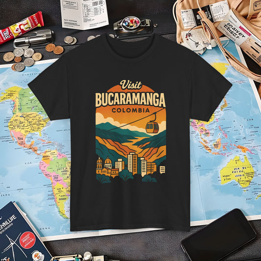 Retro Bucaramanga Skyline with Chicamocha Canyon – Vintage Colombia Travel Tee | Layover Club Air Travel T-Shirts | Jetsetter, Airport, and International Flight Tees