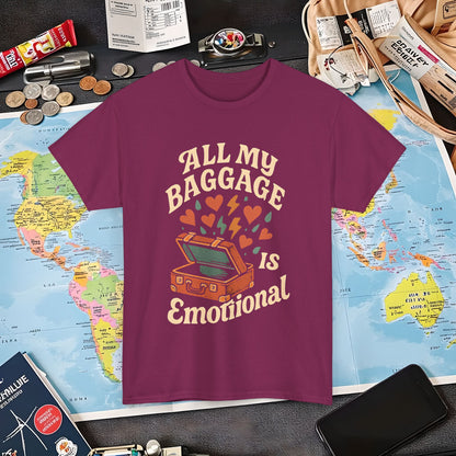All My Baggage Is Emotional – Retro Suitcase Overflowing with Feelings Tee Air Travel T-Shirts | Jetsetter, Airport, and International Flight Tees