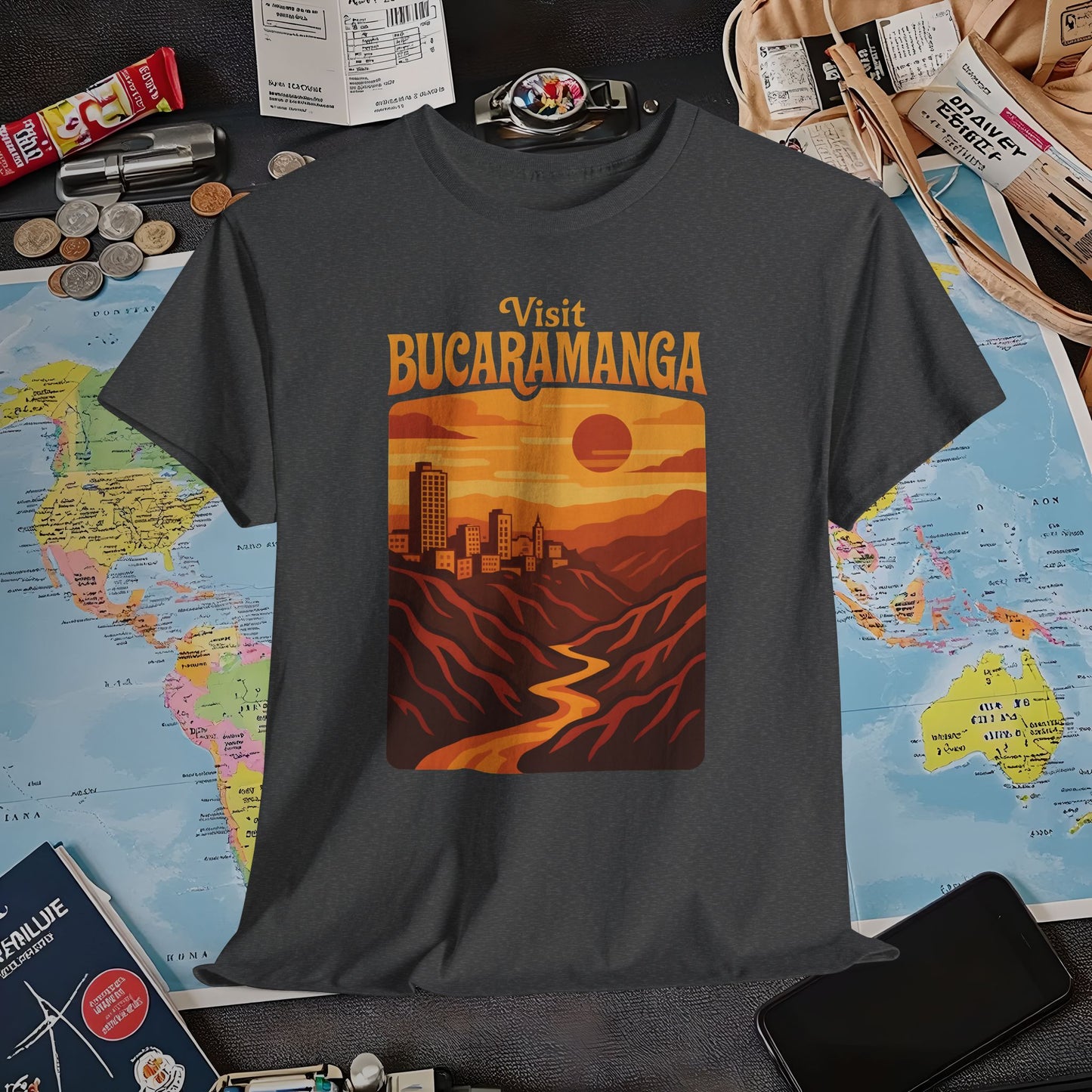 Retro Bucaramanga Skyline & Chicamocha Canyon Sunset – Vintage Colombia Travel Tee | Layover Club Air Travel T-Shirts | Jetsetter, Airport, and International Flight Tees