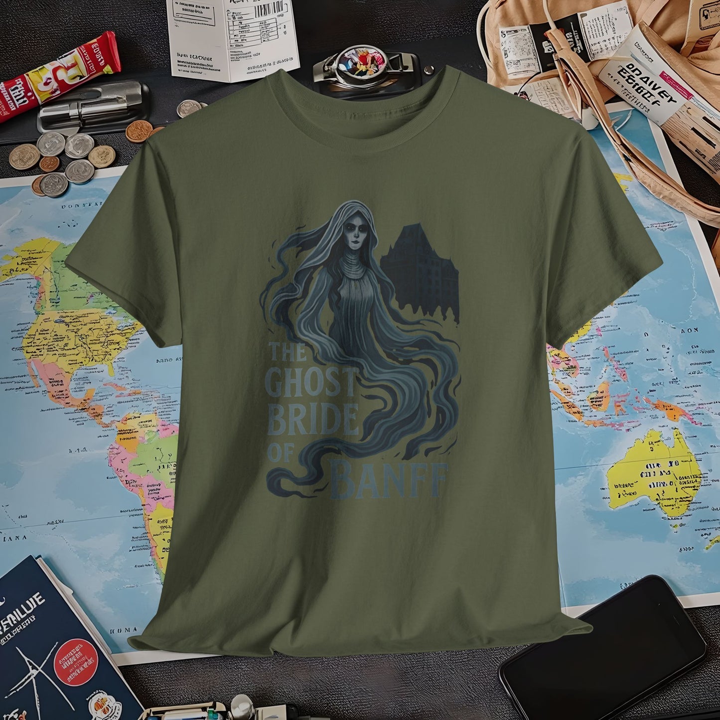 Ghostly Bride at Banff Springs Hotel Shirt – Haunted Canadian Hotel Dark Tourism Tee | Layover Club Air Travel T-Shirts | Jetsetter, Airport, and International Flight Tees