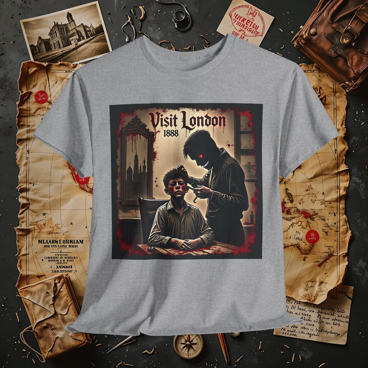 Visit London 1888 T-Shirt – Victorian Horror with Jack the Ripper and Evil Barber Art