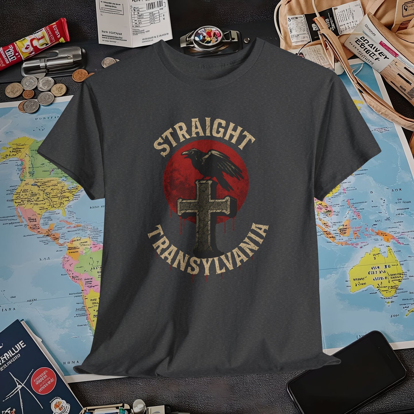 Blood Moon Raven Gothic Cross Tee – Dark Transylvania Travel Shirt | Layover Club Air Travel T-Shirts | Jetsetter, Airport, and International Flight Tees