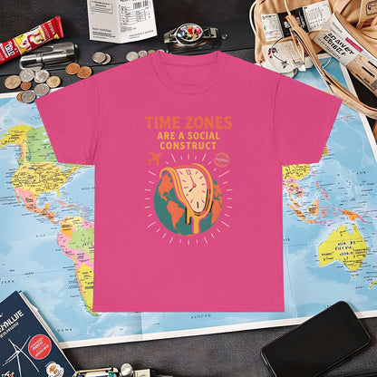 Time Zones Are a Social Construct Tee – Melting Clock Over World Map Travel Shirt Air Travel T-Shirts | Jetsetter, Airport, and International Flight Tees
