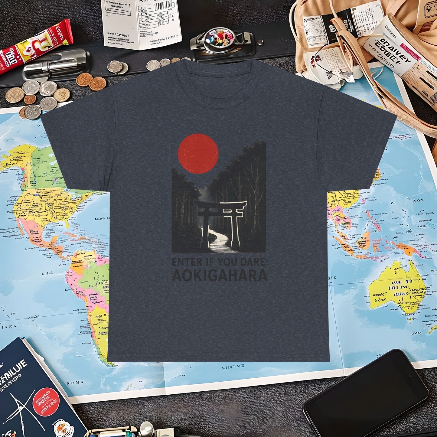 Scarlet Moon Torii – Aokigahara Forest Path Tee – Haunted Japan Travel Shirt | Layover Club Air Travel T-Shirts | Jetsetter, Airport, and International Flight Tees