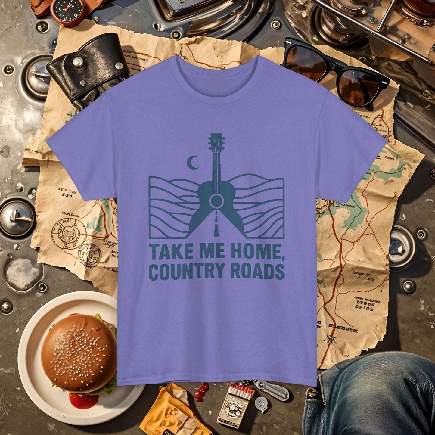 Take Me Home, Country Roads T-Shirt – Guitar Horizon & Open Highway Design Road Trip & Vehicle Travel T-Shirts | Car, RV, and Motorcycle Adventure Tees