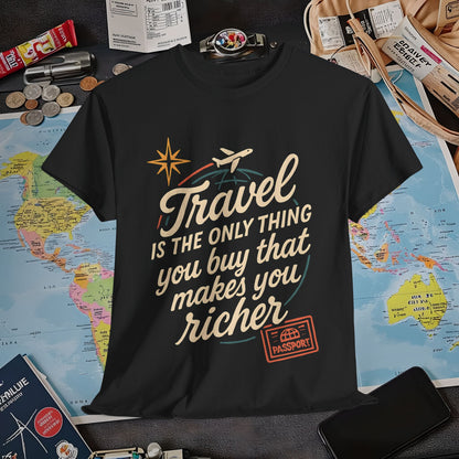 Travel Makes You Richer Tee – Vintage Globe & Airplane Quote Shirt Air Travel T-Shirts | Jetsetter, Airport, and International Flight Tees