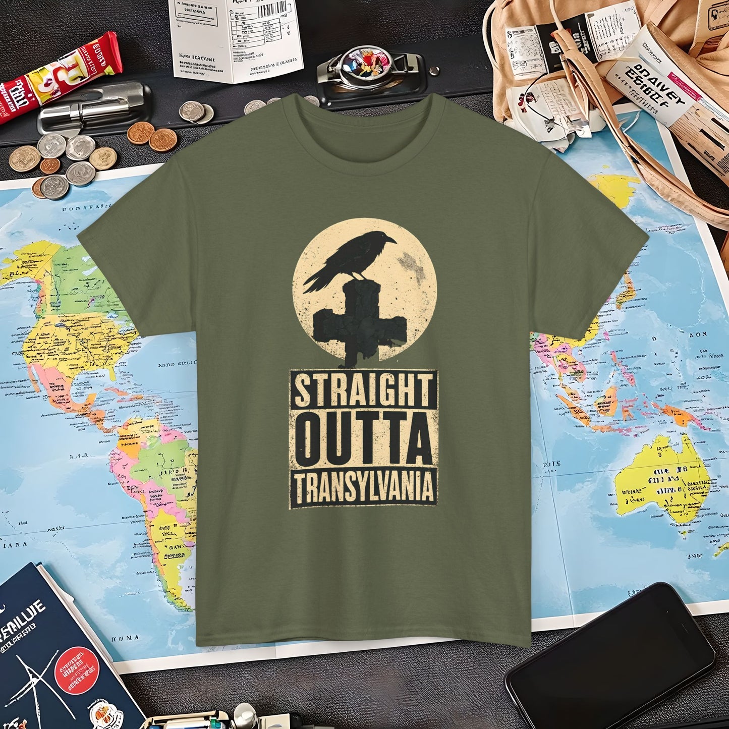 Straight Outta Transylvania Raven Cross Tee – Gothic Travel Romania Shirt | Layover Club Air Travel T-Shirts | Jetsetter, Airport, and International Flight Tees