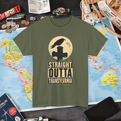 Straight Outta Transylvania Raven Cross Tee – Gothic Travel Romania Shirt | Layover Club Air Travel T-Shirts | Jetsetter, Airport, and International Flight Tees
