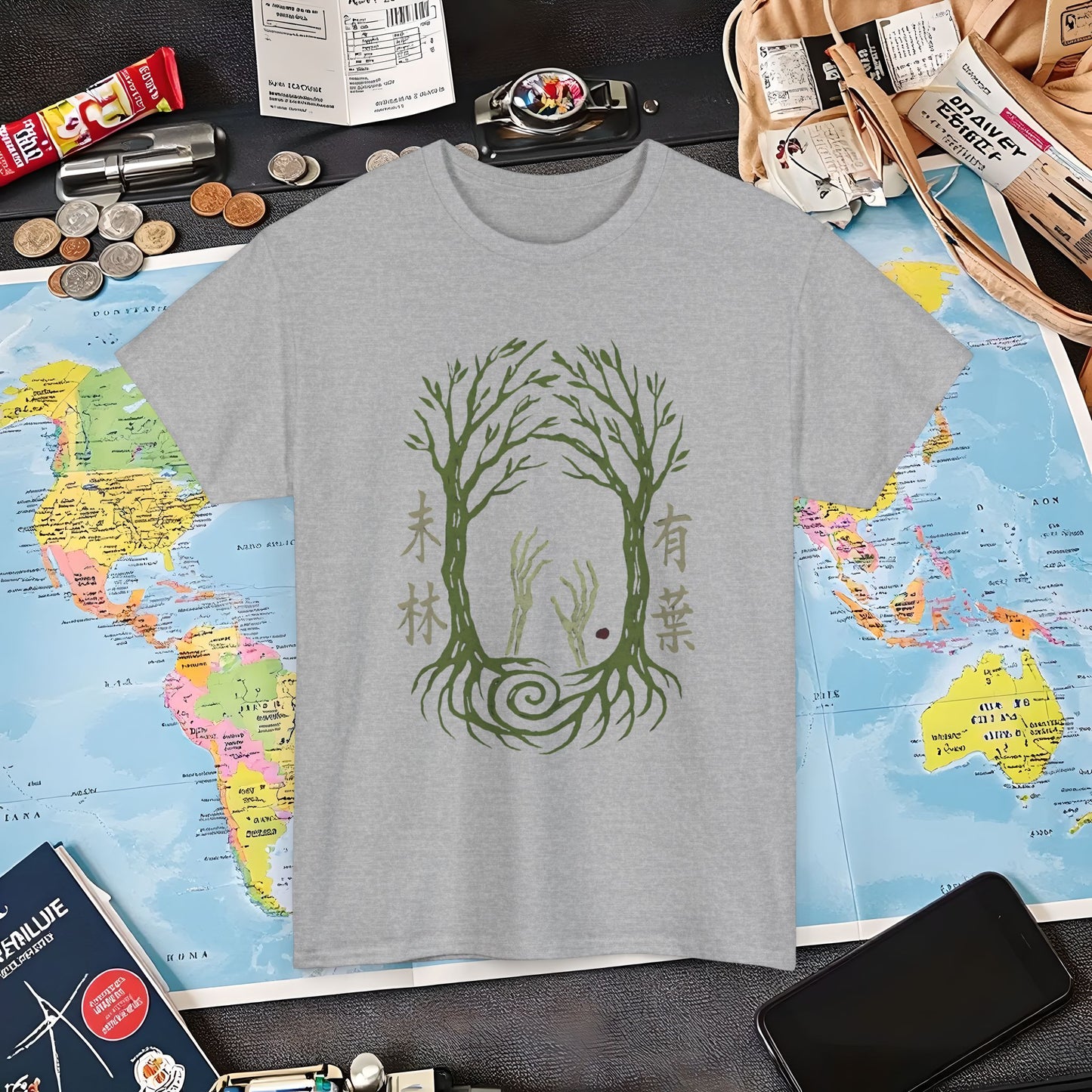 Aokigahara Tree Tunnel with Rising Skeleton Hands Tee – Haunted Japan Travel Shirt | Layover Club Air Travel T-Shirts | Jetsetter, Airport, and International Flight Tees