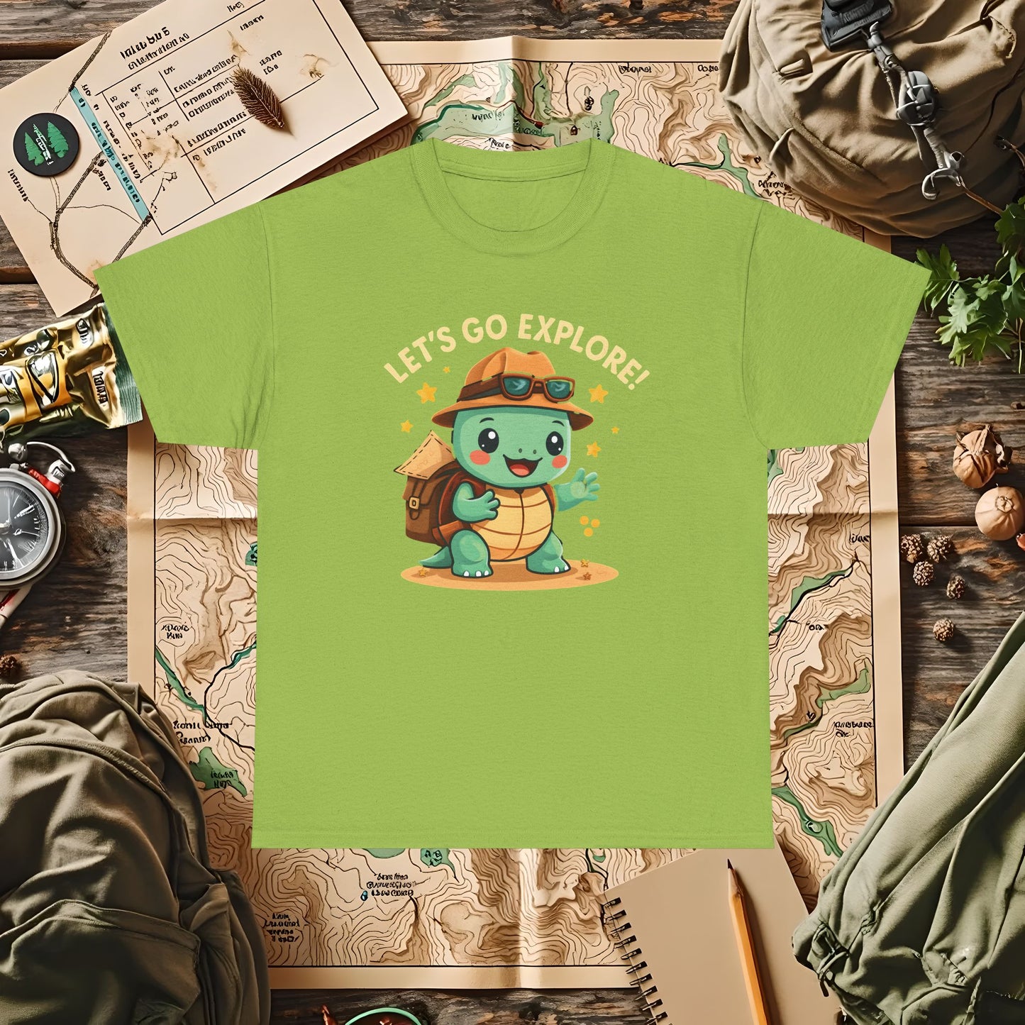 Let’s Go Explore T-Shirt – Cute Turtle Explorer with Travel Gear Design | Camping, Hiking, Rafting & Kayaking Tees for Nature Lovers