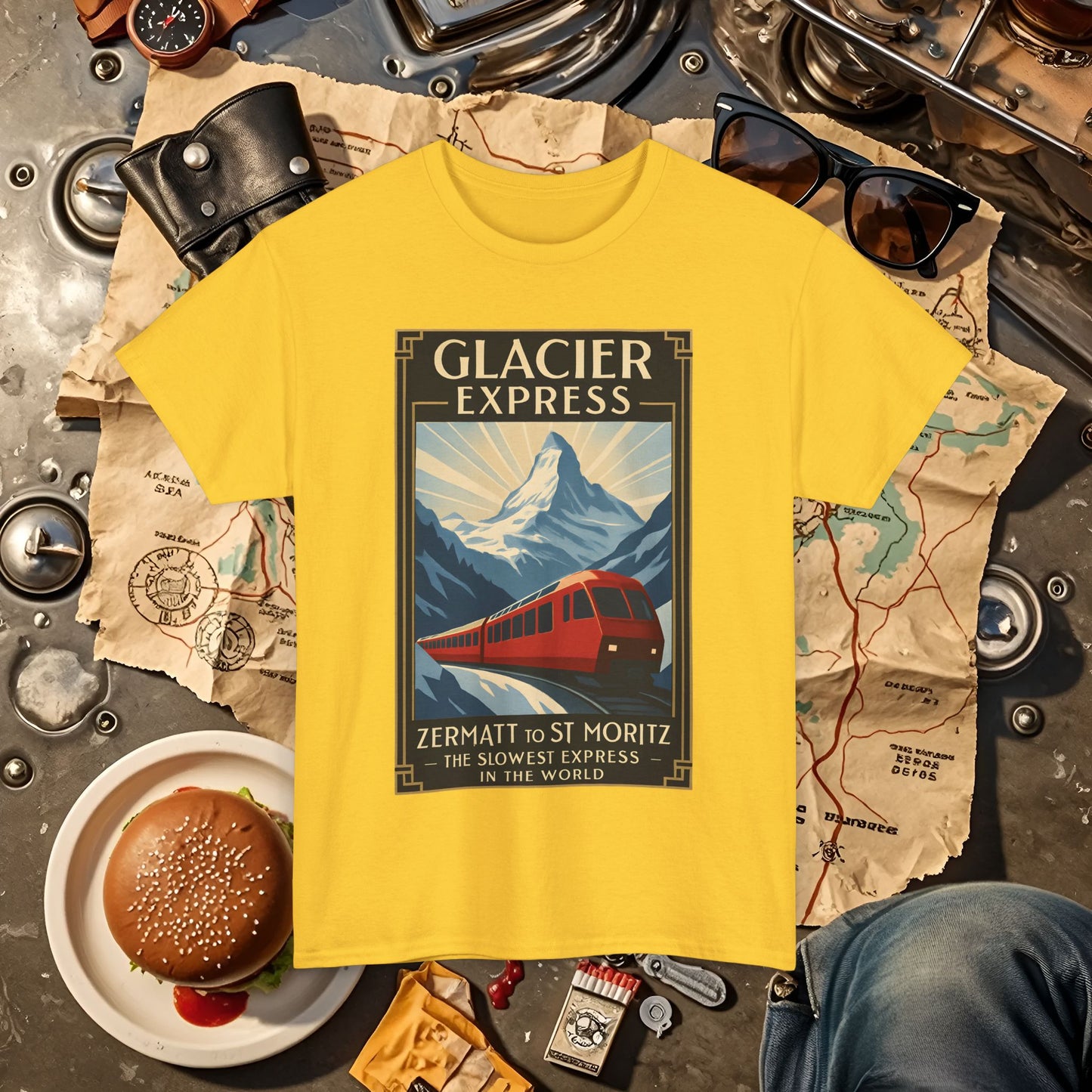 Glacier Express – Art Deco Alpine Train Adventure Tee Road Trip & Vehicle Travel T-Shirts | Car, RV, and Motorcycle Adventure Tees