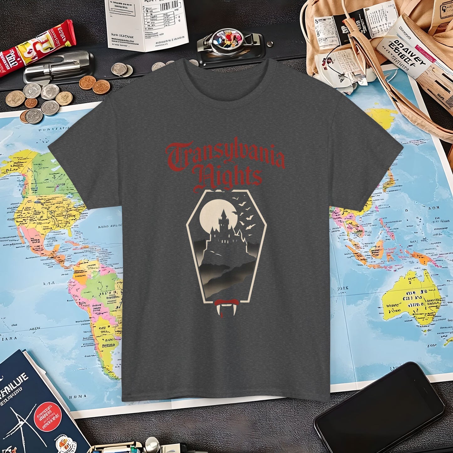 Transylvania Nights Gothic Castle Silhouette Tee – Dark Travel Romania Shirt | Layover Club Air Travel T-Shirts | Jetsetter, Airport, and International Flight Tees