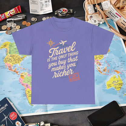 Travel Makes You Richer Tee – Vintage Globe & Airplane Quote Shirt Air Travel T-Shirts | Jetsetter, Airport, and International Flight Tees