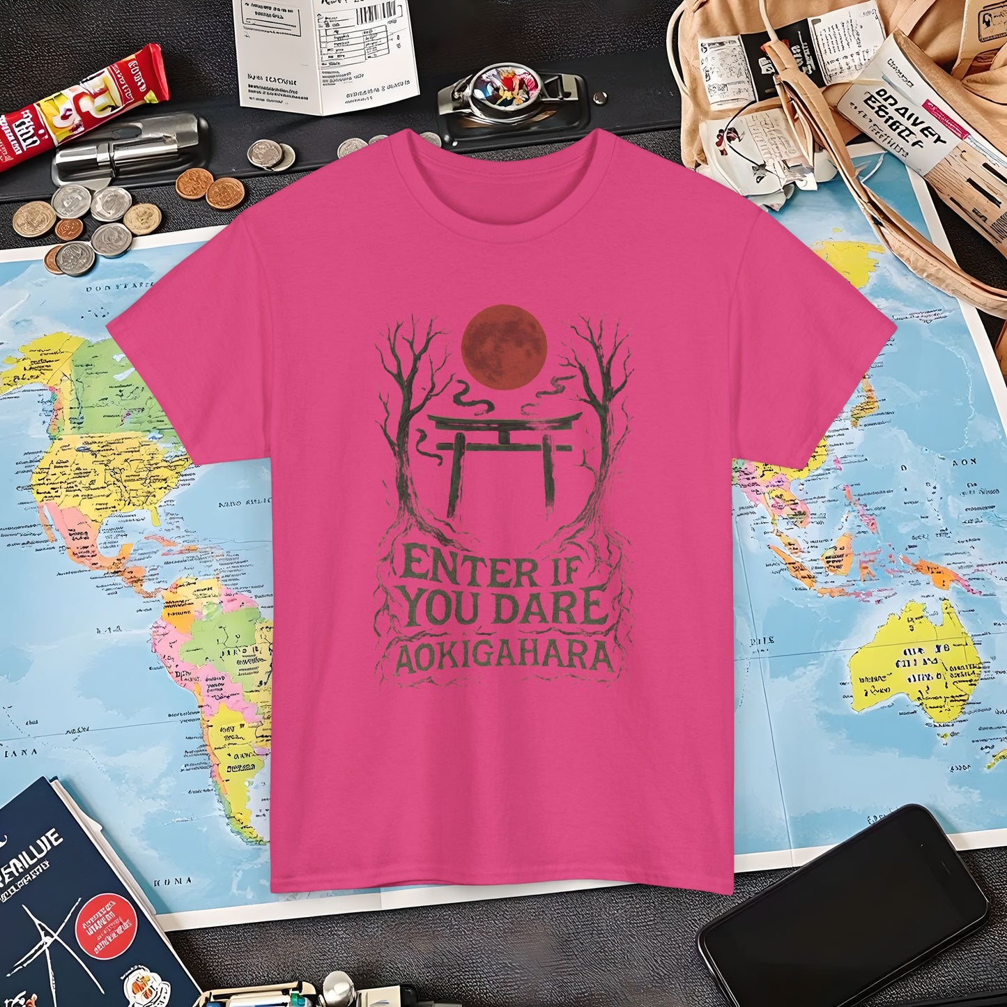 Aokigahara Torii Path Under Blood Moon Tee | Layover Club Air Travel T-Shirts | Jetsetter, Airport, and International Flight Tees