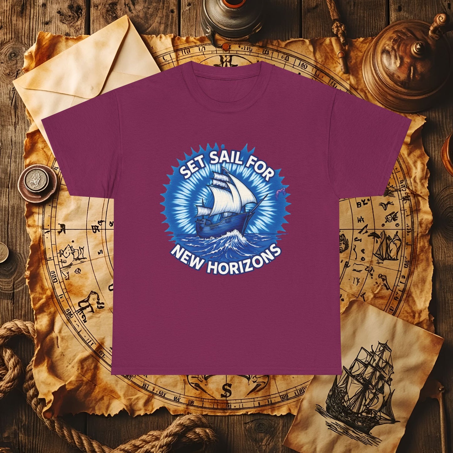 Set Sail for New Horizons T-Shirt – Old Tall Ship on Rough Water Design | Funny & Stylish Tees for Ocean Adventures