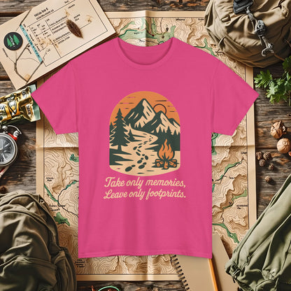 Take Only Memories, Leave Only Footprints — Sunset Mountain Trail Adventure Badge T-Shirt | Camping, Hiking, Rafting & Kayaking Tees for Nature Lovers