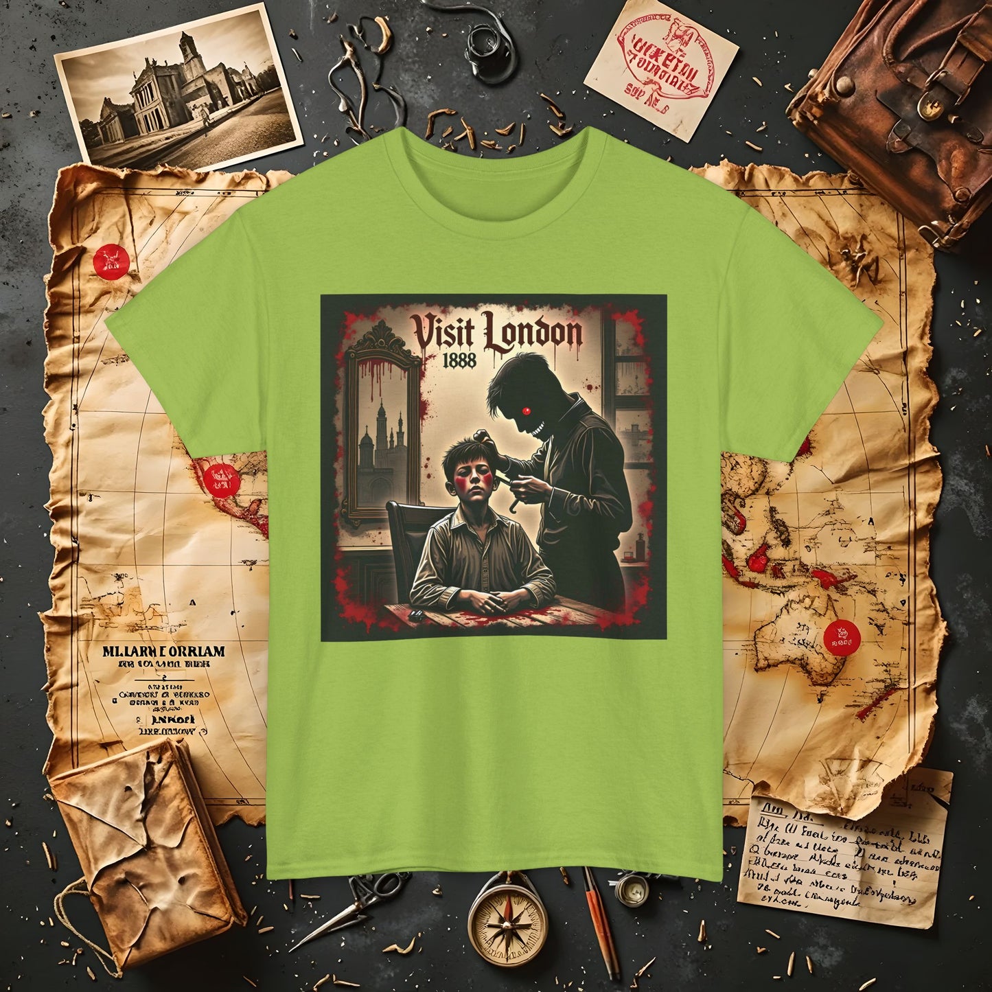 Visit London 1888 T-Shirt – Victorian Horror with Jack the Ripper and Evil Barber Art